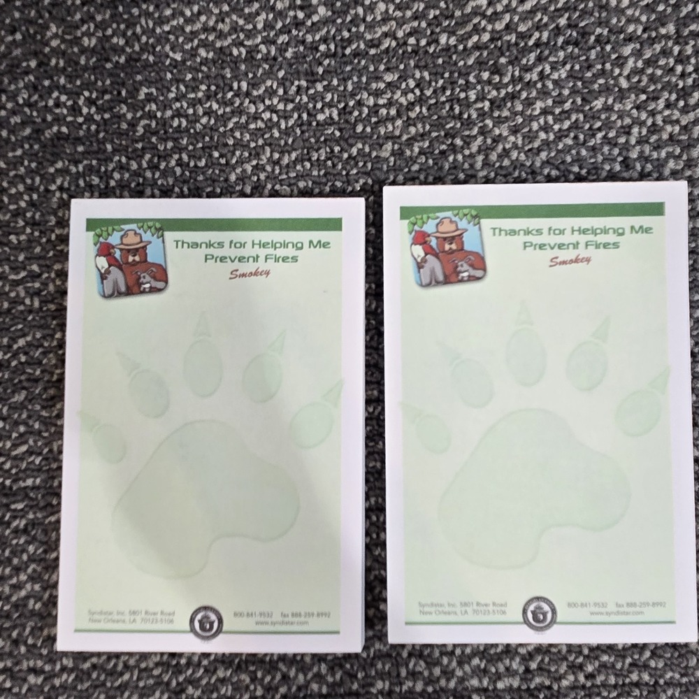 Smokey Bear Notepads Lot of 2 Paw Print Memo Pads 4x6 Fire Prevention Syndistar